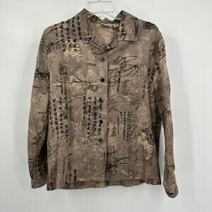 Chicos Womens Button Up Top Size 1 US M Asian Print Silk Linen Brown Long Sleeve